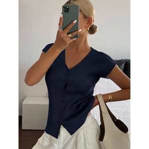Fitted V Neck <b>Cardigan</b> Women's Short Sleeve Knit Top <b>Black</b> - Product Image 1