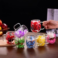 Tasse à thé/café en verre borosilicate à double paroi, design floral INS, fleurs séchées, résistante à la chaleur, tasse paresseuse