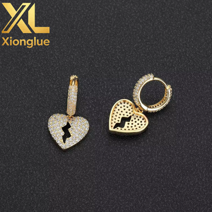 Hop <b>Real</b> Gold With Bling <b>Crystal</b> Zircon Rap Heartbreak Earrings Pendant for Women Men - Product Image 6