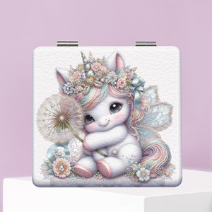 Miroir de poche carré double face portable en cuir, motif animal mignon, pliable, vente en gros - Product Image 6