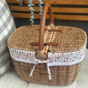 Handwoven Vietnam Rattan Picnic <b>Basket</b> with Double Handles Luxury <b>Wicker</b> Hamper for Camping and Outdoor Dining - Product Image 1