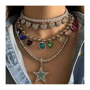 2024 Día de San Valentín joyería de moda Collar personalizado Moissanite cristal diamante cadena estrella corazón gargantilla para mujer hombre pareja