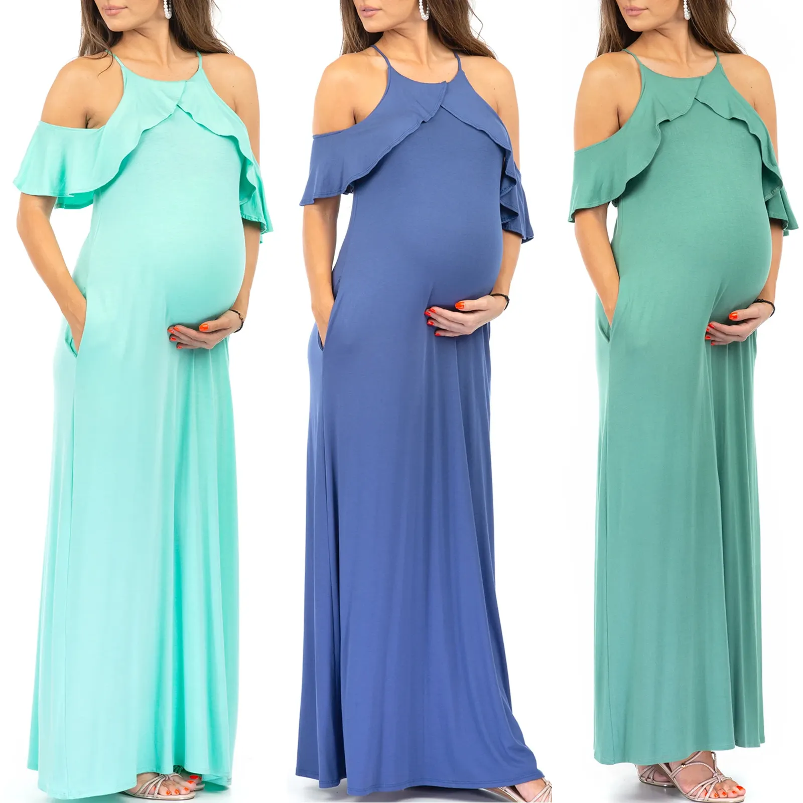 OEM Hot Sale Lowest Price Solid Color Casual Strap Ruffle Maternity Photo Shoot Maxi Dresses