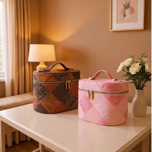 Custom Logo Quilted <b>Makeup</b> Case Portable Cylinder Cosmetic <b>Box</b> with Top Handle - Product Image 2