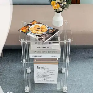 New Customized Assembly 3 Tiers Acrylic Rolling Side Table End Table with Lockable Wheels