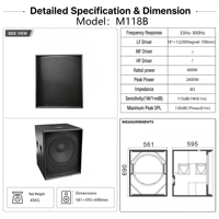 Subwoofer professionnel de 18 pouces à haute sensibilité 8 ohms, 33 Hz-300 Hz, 600 W RMS, enceinte en MDF, écologique, durable, pour DJ, scène, audio