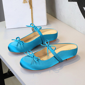 Sandales plates en satin à nœud pour femmes, bout rond, nouvelles pantoufles - Product Image 3