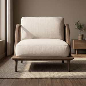 Fauteuil lounge scandinave Mikkeli blanc, structure en bois massif Mindi avec coussin en mousse et tissu, salon, hôtel, appartement, bureau - Product Image 6