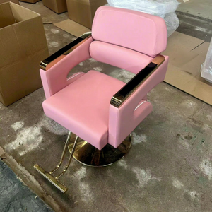 Sillón de Barbería Moderno en Cuero Sintético Rosa con Bomba Hidráulica Resistente, Base Dorada y Ajuste de Altura para Salón de Belleza - Product Image 1