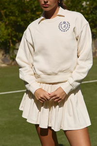 Suéter de Golf y Tenis para Mujer, Color Crema, Cuello Camisero, Logotipo Bordado, Manga Larga, Corte Holgado, Transpirable, Ropa de Yoga de Algodón - Product Image 3