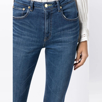 Jeans pour femme ODM/OEM en denim respirant, taille haute, bleu foncé, délavé classique, coupe skinny, sexy, à rivets, d'été, évasé, effet push-up