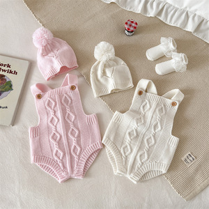 Çapraz sınır bebek örgü tulum ile kayış yelek bahar sonbahar pamuk şapka seti erkek kız katı desen Snap düğmesi kapatma - Product Image 2