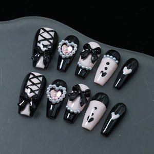 Prix usine en gros Faux ongles à presser de luxe faits main en acrylique style Y2K, forme cercueil, avec strass et motif French manucure 3D pleine couverture - Product Image 4