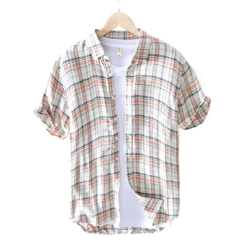 2023 summer new plaid pure linen casual short sleeve shirt retro casual fashion street popular shirt