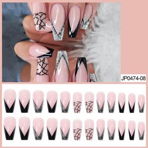 Uñas Postizas Francesas con Diseño de Piel de Serpiente, Color Negro y Rosa, Lujosas, Largas, Tipo Ballet, Uñas Postizas con Acabado de Manicura - Product Image 2