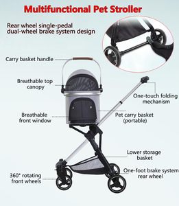 Katlanabilir 4 Tekerlekli Alüminyum Çelik Oxford Kumaş Taşınabilir Evcil Hayvan Arabası Küçük/Orta Boy Köpekler Kediler için 3'ü 1 Arada Çok Fonksiyonlu Maksimum Taşıma Kapasiteli - Product Image 3