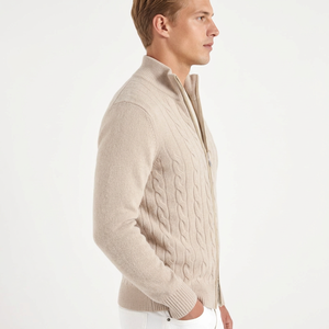 Pull en maille torsadée beige à carreaux, mélange nylon/cachemire, pour homme, automne, OEM, respirant, séchage rapide, anti-boulochage, 320g, fermeture éclair avant, manches longues - Product Image 4
