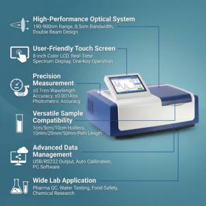 UV Vis-spectrofotometer met dubbele straal en touchscreen voor spectroscopische analyse en absorptiemeting in laboratoria - Product Image 2