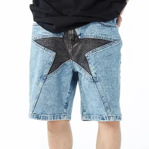 oem streetwear designer star jean short shorts for men oversized black and blue jeans short star spliced jean short