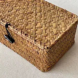 Vietnam handicraft Personalized woven straw basket with lid straw square basket house decor handmade box furniture crafts set