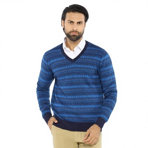 Pull en tricot rayé bleu pour homme, col en V, manches longues, 100% acrylique, style automne - Product Image 1