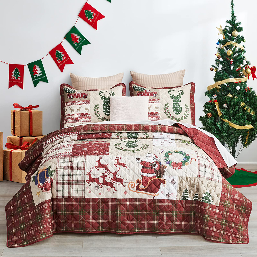 Feelingyou Parure De Lit Noël Enfant – Drap-housse Double + 2 Taies – Motif Cartoon Merry Christmas