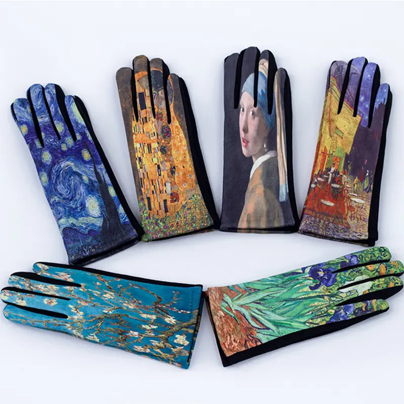 2023 popular oil painting sublimated print touch screen gloves winter warm trim faux fur women's Van Gogh print gloves
