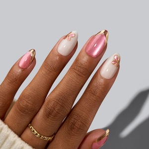 Uñas Postizas de Lujo Cortas, Color Rosa Almendra, Diseño Ojo de Gato, Venta al por Mayor, Gel Suave, Flores 3D, Diseño Francés, Uñas a Presión - Product Image 1