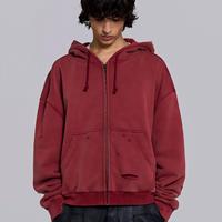 Sweat à capuche zippé 100 % coton personnalisé, délavé, effet vieilli, avec découpe à la lame, imprimé, vintage, coupe oversize, anti-rétrécissement, écologique, décontracté