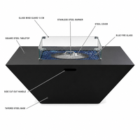 Table de foyer carrée moderne 120x120cm avec pare-vent en verre, verre à feu bleu, acier noir mat, bioéthanol, foyer portable pour patio extérieur