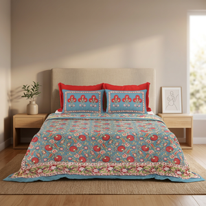 Drap plat en coton imprimé floral bleu et rouge style indien, literie bohème florale indienne, fait main à Jaipur, tailles Queen et King - Product Image 2