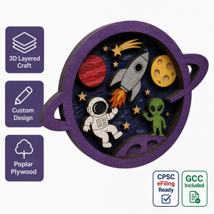 <span class=keywords><strong>Caja</strong></span> de Exhibición Personalizada con Diseño de Astronauta Espacial, Extraterrestre y <span class=keywords><strong>Saturno</strong></span> |   Escena de Cohete, Planeta y Luna Cortada con Láser en Madera Contrachapada de Álamo Multicapa - Product Image 1