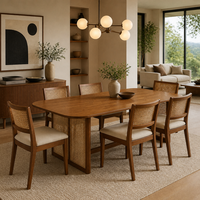 Table de cuisine rectangulaire avec plateau à bords arrondis, panneaux latéraux tissés et base à barre transversale renforcée, mobilier moderne pour la maison