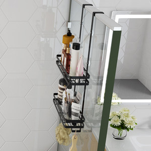 Cesta de chuveiro do banheiro com ganchos, para trás da porta, prateleira para armazenamento, camada dupla sobre a porta, prateleira preta - Product Image 3