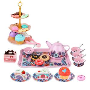 ชุดของเล่นเพื่อการศึกษาสำหรับเด็กชุดชาของเล่นรูปตึกของหวานในครัวพิมพ์ลายดอกไม้คลาสสิกสีทึบและอาหาร - Product Image 1