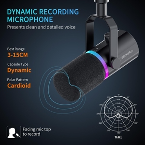 Venta de fábrica FEELWORLD XLR/USB Micrófono dinámico para grabación de podcasting Gaming Transmisión en vivo - Product Image 4