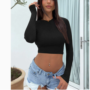 T-<span class=keywords><strong>shirt</strong></span> court sexy et épicé pour <span class=keywords><strong>femme</strong></span>, couleur unie, col ajusté, taille basse, manches longues, style européen et américain, collection 2026 - Product Image 2