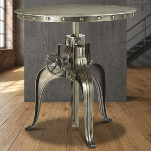 Mesa de Comedor Industrial Vintage de Hierro Indio con Manivela, Altura Ajustable, Acabado Plateado Envejecido, para 4 Personas, Estilo Villa - Product Image 3