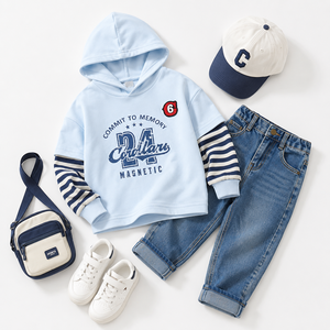 <span class=keywords><strong>Sweat</strong></span>-shirt à capuche 2-en-1 pour enfants MZJ, effet superposé, manches rayées, en mélange polyester-coton, motif universitaire, anti-plis - Product Image 4