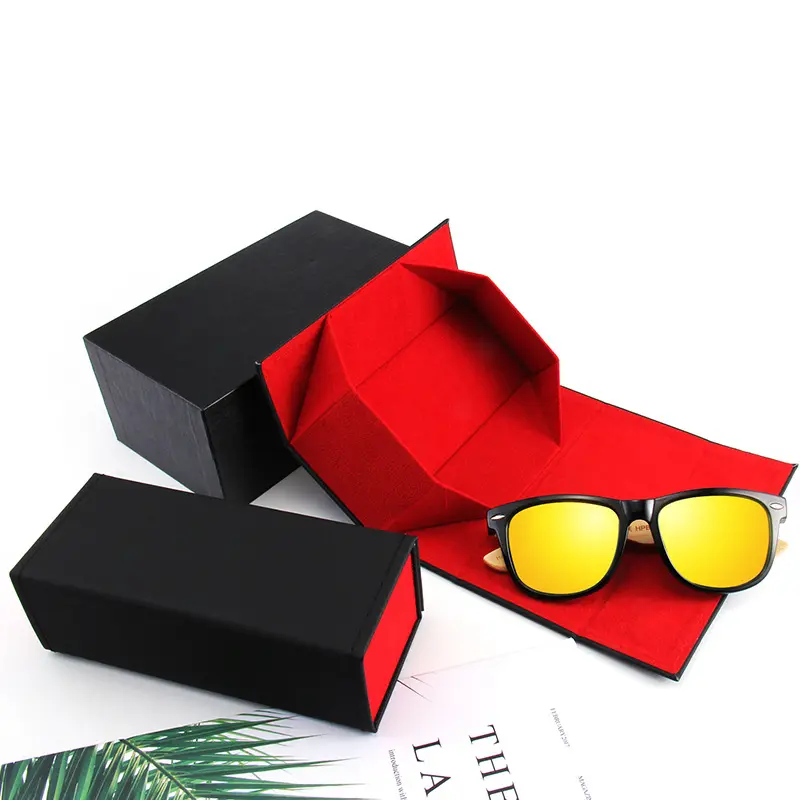 Özel Logo siyah kare katlanabilir gözlük kutu seti gözlük camı kılıf sert Pu deri güneş gözlüğü ambalaj gözlük katlanır kılıf