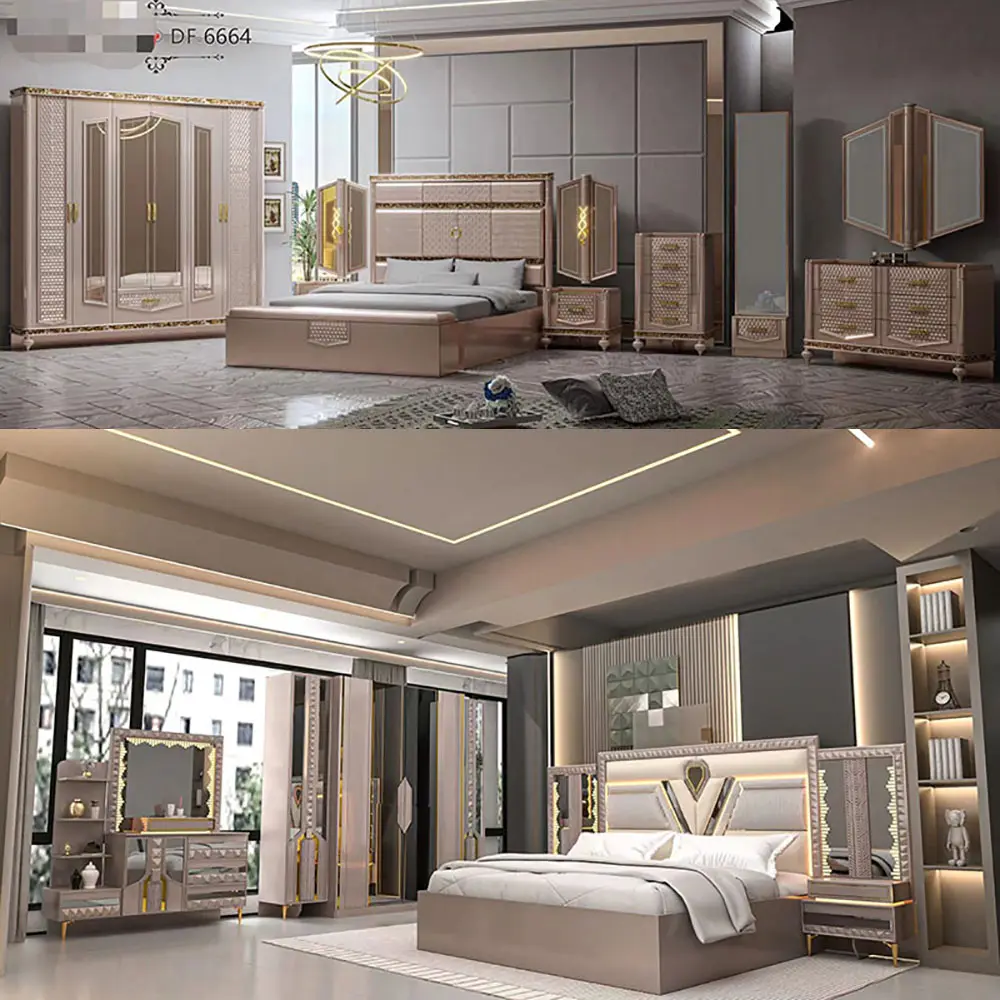 Modern Luxury King Size Bed MDF Bedroom Furniture Sets Lighted Headboard Suite White Full Set Wooden Bedroom Furniture