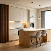 Meubles sur mesure pour toute la maison : Armoire moderne sans poignées en MDF crème avec mur à lattes, niche encastrée LED, pour salon et chambre.