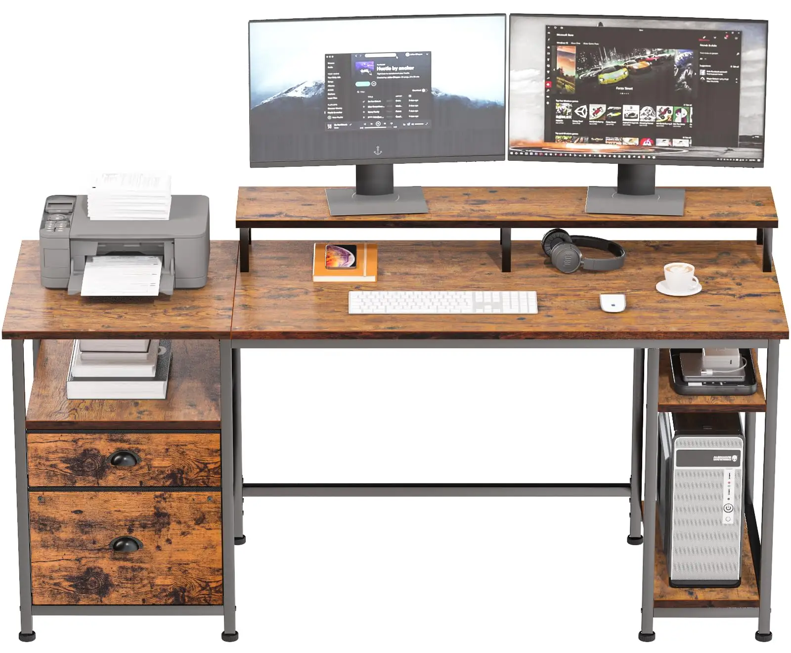 Escritorio de computadora con estantes y cajones Escritorio de escritura industrial Mesa de estudio Estación de trabajo para oficina en casa