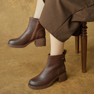 Bottines à lacets à talon bloc pour femmes, toutes saisons, nouveau style britannique, confortables pour la marche, en cuir véritable - Product Image 1