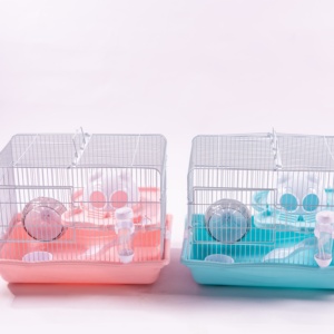 Pink Rectangular Steel Wire Small Hamster Cage with Plastic Tray and Accessory - Product Image 1