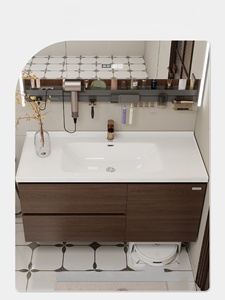 Vintage ceramic integrated basin intelligent lighting <b>mirror</b> <b>walnut</b> wall mounted bathroom cabinet - Product Image 3