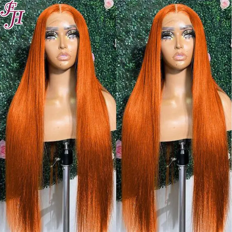 FH toptan satıcı 30 inç 100% brezilyalı işlenmemiş insan saçı turuncu #350 ipeksi düz peruk filesi frontal peruk