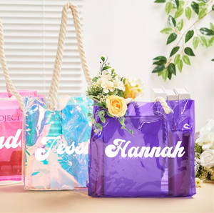 Sac fourre-tout en PVC rose imperméable personnalisé avec logo, sac de plage holographique transparent avec poignée en coton épais - Product Image 6