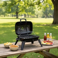 Barbecue portable au charbon de bois, pieds pliables, grande surface de cuisson 44x32cm, pour camping, extérieur, fête, avec couvercle, grille de ventilation et grille chauffante