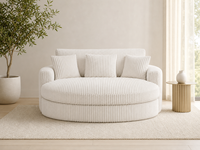 Fauteuil moelleux surdimensionné en velours côtelé blanc crème, style moderne pour salon, avec 3 coussins décoratifs
